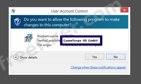 Screenshot where Gameforge 4D GmbH appears as the verified publisher in the UAC dialog
